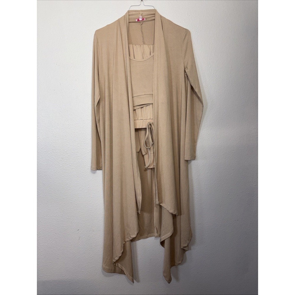 Pink Lily Three Piece Pants Crop Top Cardigan Women's Small Tan Beach Lounge
